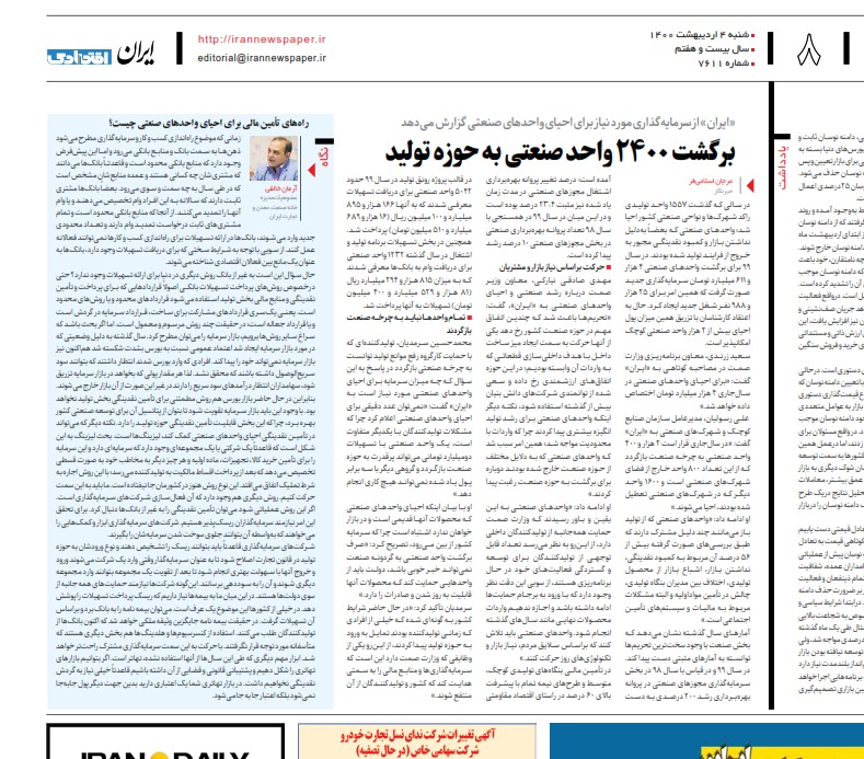 برگشت ۲۴۰۰ واحد صنعتی به حوزه تولید - ایرنا  1400/02/04